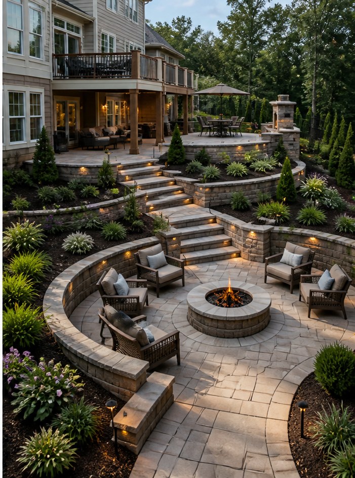 Luxury backyard landscape at dusk