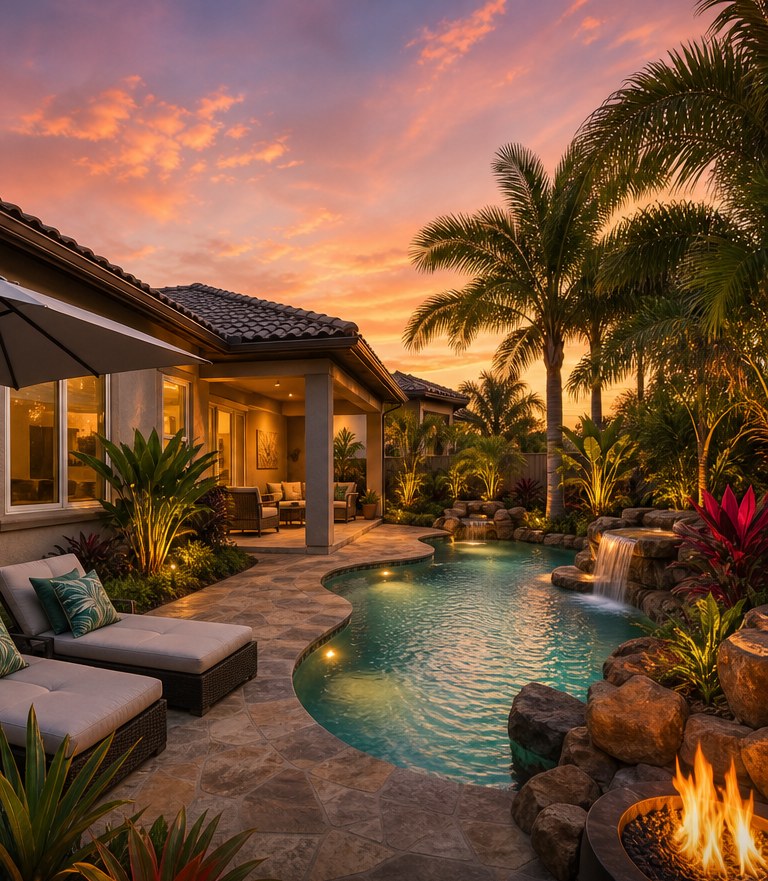 Tropical resort-style backyard built by Southern Landscape & Construction Co.