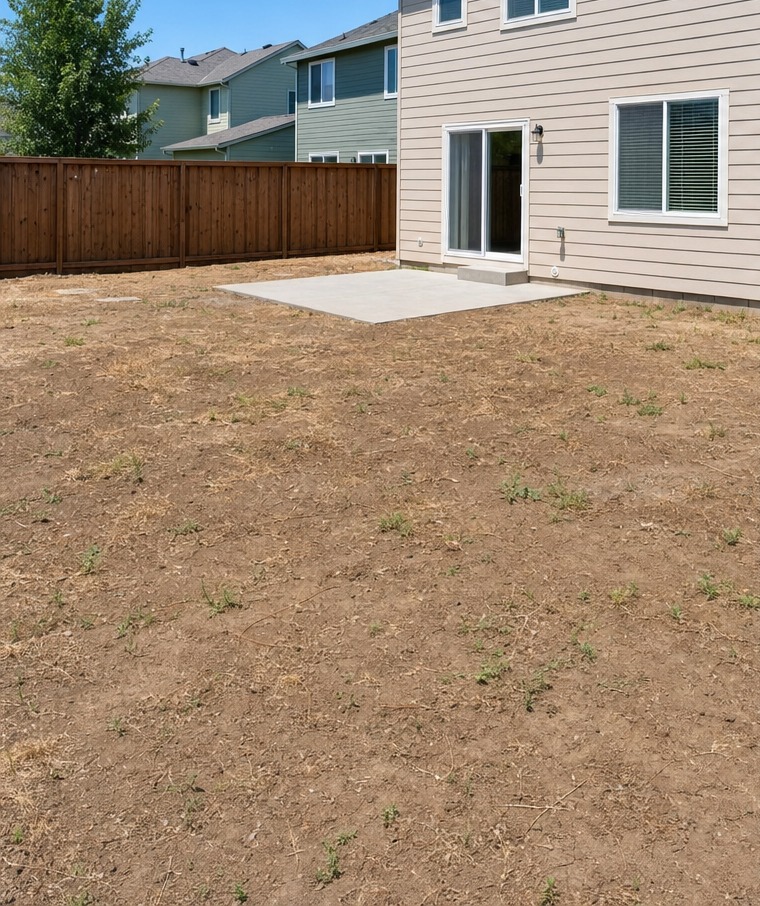 Patchy bare yard before sod installation