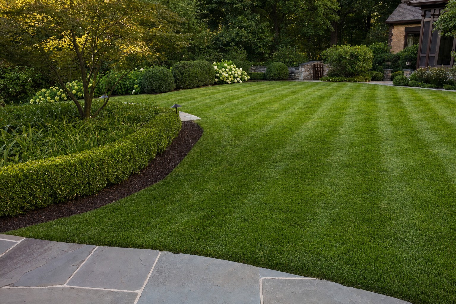 Manicured lawn with crisp mowing stripes and trimmed hedges